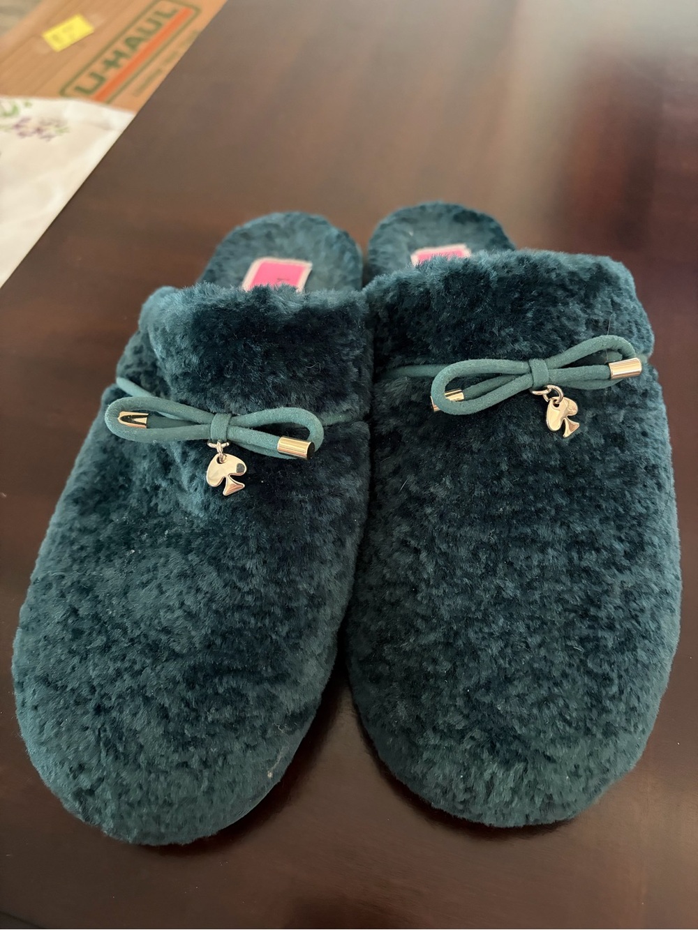 Plush Teal Fuzzy Slip-On Slippers with Bow Charm
